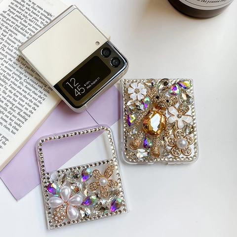 Luxury Rhinestone Folding Phone Case For Samsung Galaxy Z Flip Fold Handmade Bear Perfume Bottle Artificial Pearl Flower PC Shell