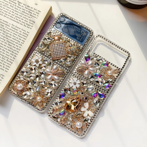 Luxury Rhinestone Folding Phone Case For Samsung Galaxy Z Flip Fold Handmade Bear Perfume Bottle Artificial Pearl Flower PC Shell