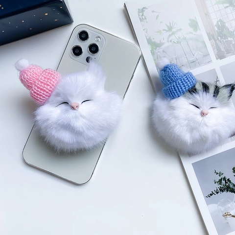 Supporto Per Telefono Testa Di Gatto In Peluche Carino Con Mini Cappello In Maglia Supporto Mobile Adesivo Decorativo Animale Peloso