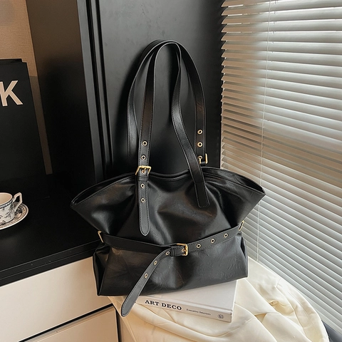 Borsa Tote In Pelle PU Retrò Grande Capacità Borsa A Spalla Donna Decorazione Cintura Occhielli Metallici Vintage Chic Lavoro