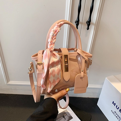 Transparente Beuteltasche PVC Kunstleder Handtasche Mit Satinnschal Dekor Abnehmbarer Schultergurt Chic Modern Damen
