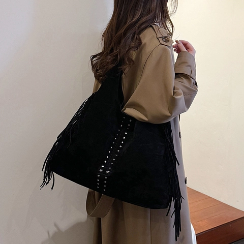 Retro Bohemian Wildleder Quasten Umhängetasche Nieten Stern Große Kapazität Hobo Tote Für Damen Lässig Alltag Pendeln