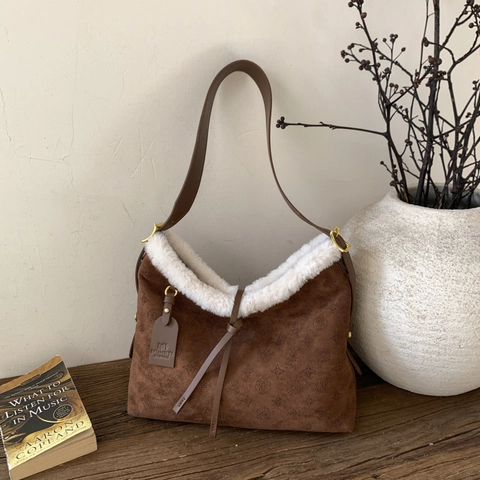 Borsa A Spalla Retro In Camoscio PU Da Donna Con Bordo In Ecopelliccia Motivo Monogramma Goffrato Borsa Sottobraccio