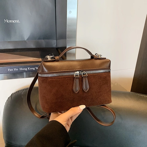Borsa Tracolla Scatola Retro Giunzione Pelle PU E Camoscio Doppia Cerniera Manico Superiore Design Di Nicchia Donna