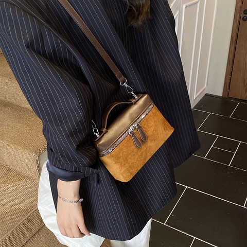 Borsa Tracolla Scatola Retro Giunzione Pelle PU E Camoscio Doppia Cerniera Manico Superiore Design Di Nicchia Donna