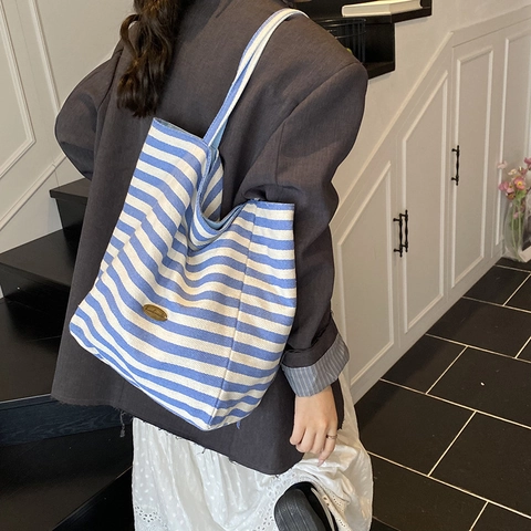 Große Kapazität Tragetasche Leinwand Stoff Horizontale Streifen Muster Schulter Handtasche Für Frauen Täglich Lässig Reise Mode