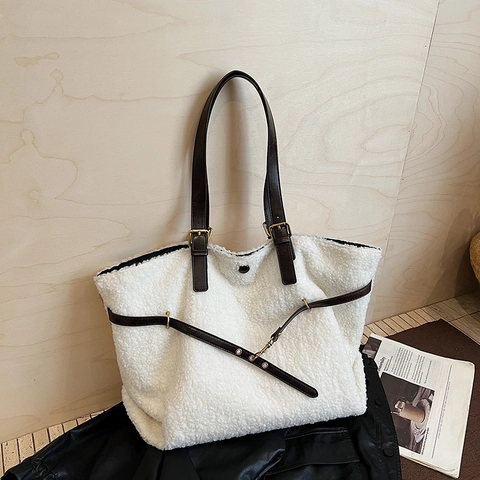 Borsa Tote In Lana Di Agnello Da Donna Grande Capacità Teddy Fleece Borsa A Spalla Inverno Moda Casual