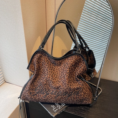 Borsa Tote Leopardata Grande Capacità Tessuto Scamosciato Borsa A Spalla Con Coulisse Per Donna Pendolarismo Scuola Rétro