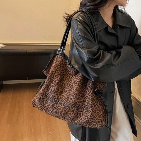 Borsa Tote Leopardata Grande Capacità Tessuto Scamosciato Borsa A Spalla Con Coulisse Per Donna Pendolarismo Scuola Rétro
