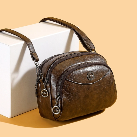 Dames Crossbodytas PU Leer Meerlaags Rits Vintage Textuur Verstelbare Riem Grote Capaciteit Casual