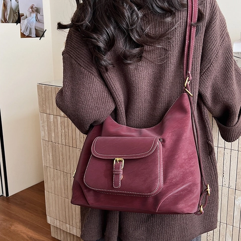 Große Hobo Tragetasche Damen Mattes PU Leder Kontrastnähte Vintage Schulter Umhängetasche Mit Vorderer Klappentasche