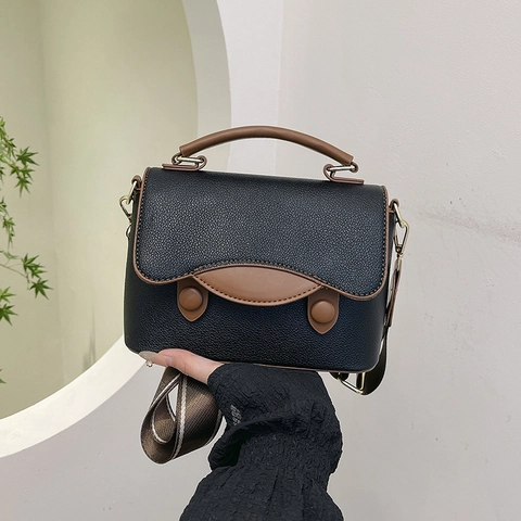Borsa A Spalla Donna Colore Contrasto Pelle PU Grana Litchi Tracolla Larga Retro Patta Borsa Per Tutti I Giorni