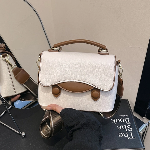 Borsa A Spalla Donna Colore Contrasto Pelle PU Grana Litchi Tracolla Larga Retro Patta Borsa Per Tutti I Giorni