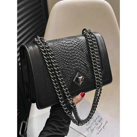 Bolso Bandolera Con Estampado De Serpiente Cuir PU Cadena Metal Bolso De Hombro Retro Solapa Cuadrado Para Mujeres