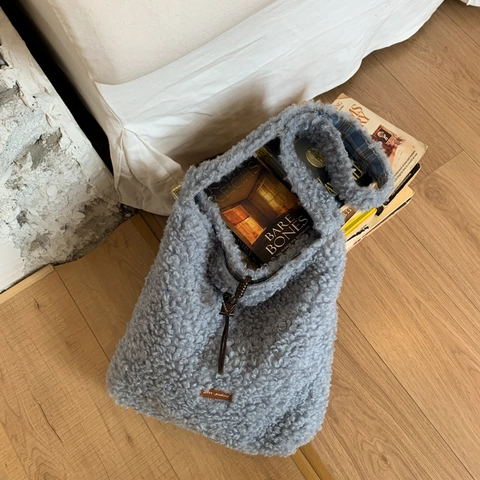 Borsa Tote Grande In Peluche Sherpa Donna Autunno Inverno Moda Casual Borsa A Spalla Con Coulisse Fodera A Quadretti