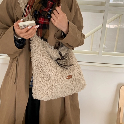 Borsa Tote Grande In Peluche Sherpa Donna Autunno Inverno Moda Casual Borsa A Spalla Con Coulisse Fodera A Quadretti