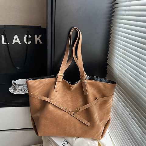 Borsa Tote Grande Capacità Pelle PU Texture Opaca Fibbia Regolabile Retro Borsa A Spalla Per Donna