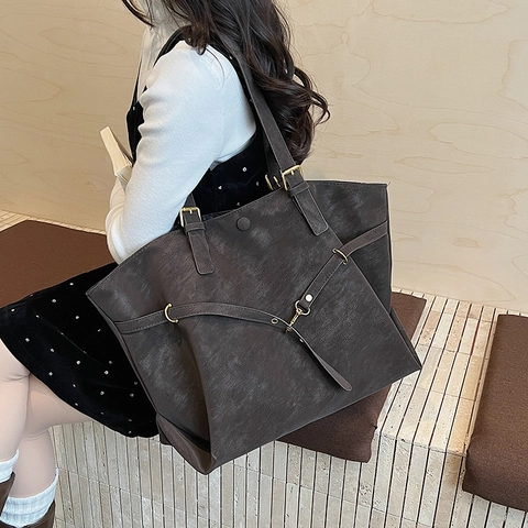 Borsa Tote Grande Capacità Pelle PU Texture Opaca Fibbia Regolabile Retro Borsa A Spalla Per Donna