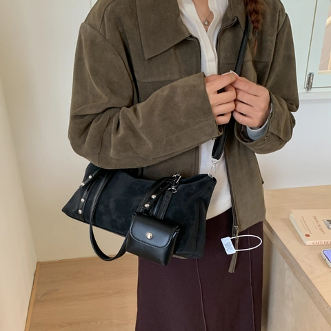 Damen Schultertasche Aus Mattem PU Leder Große Kapazität Umhängetasche Tote Mit Mini Tasche Retro Nieten Dekor Lässig