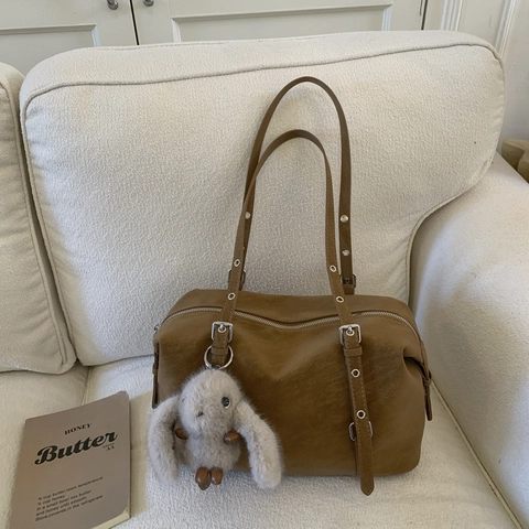 Borsa A Spalla Retro In Pelle PU Minimalista Grande Capacità Con Ciondolo Coniglio Peluche Per Donna