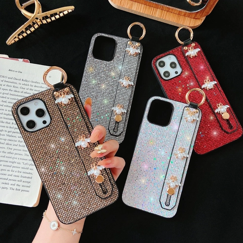 Luxury Glitter Rhinestone Smartphone Case With Artificial Pearl Bee Wristband And Finger Ring Stand TPU Soft Cover Shiny Elegant