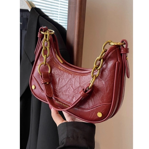 Sac Sous Le Bras Croissant Pour Femmes Vintage Cuir PU Plissé Chaîne Dorée Sac Bandoulière Versatile