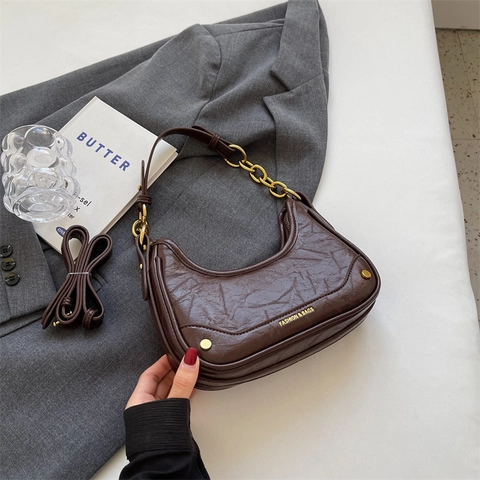 Sac Sous Le Bras Croissant Pour Femmes Vintage Cuir PU Plissé Chaîne Dorée Sac Bandoulière Versatile