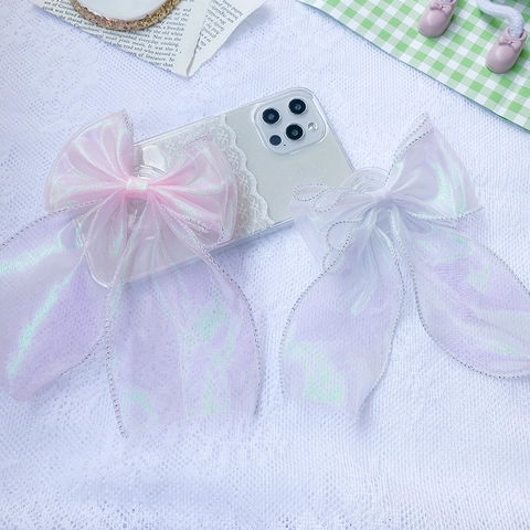 Iridescent Organza Bow Knot Phone Grip Collapsible Laser Griptok Ribbon Smartphone Holder Stand Girly Accessories