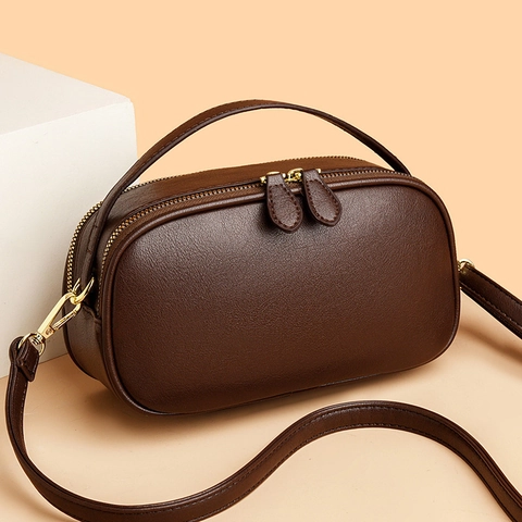 Women Crossbody Bag Textured PU Leather Dual Zipper Top Handle Adjustable Strap Elegant Commuter Handbag Solid Color