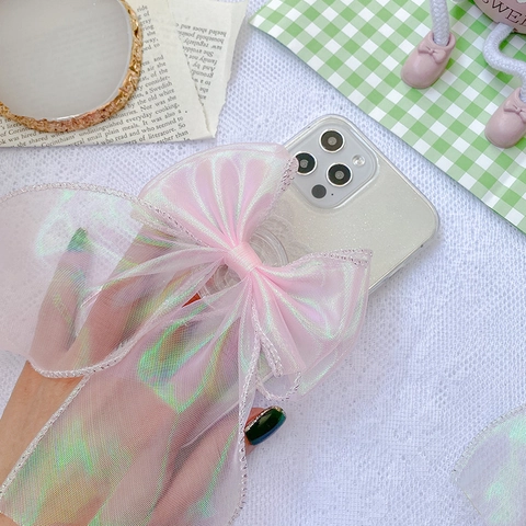 Iridescent Organza Bow Knot Phone Grip Collapsible Laser Griptok Ribbon Smartphone Holder Stand Girly Accessories