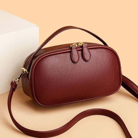 Women Crossbody Bag Textured PU Leather Dual Zipper Top Handle Adjustable Strap Elegant Commuter Handbag Solid Color