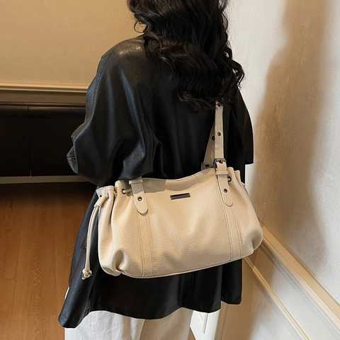 Damen Schultertasche Große Kapazität PU Leder Kordelzug Design Verstellbarer Gurt Urban Einfach Pendeln