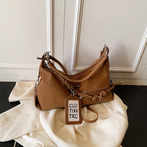 Large Capacity Hobo Shoulder Bag PU Leather Braided Strap Knot Retro Casual Crossbody Handbag Women