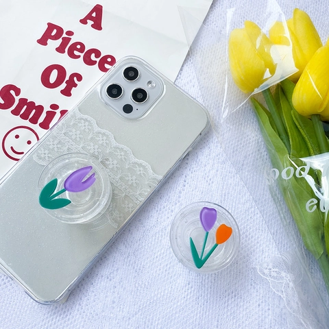 Tulip Flower Phone Griptok Expanding Stand Transparent Glitter Resin Floral Foldable Smartphone Grip Holder Decorative
