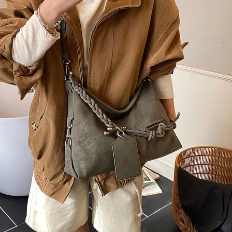 Large Capacity Hobo Shoulder Bag PU Leather Braided Strap Knot Retro Casual Crossbody Handbag Women