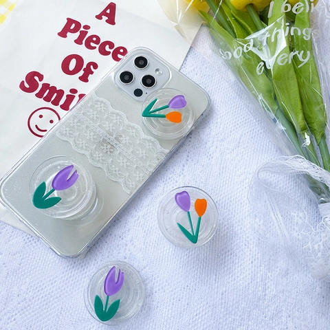 Tulip Flower Phone Griptok Expanding Stand Transparent Glitter Resin Floral Foldable Smartphone Grip Holder Decorative