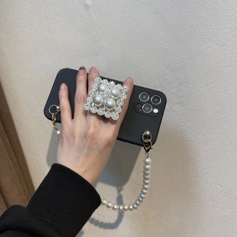 Luxury Matte Black Phone Case With Artificial Pearl Rhinestone Stand And Detachable Artificial Pearl Hand Strap Chain For Multiple iPhone Models