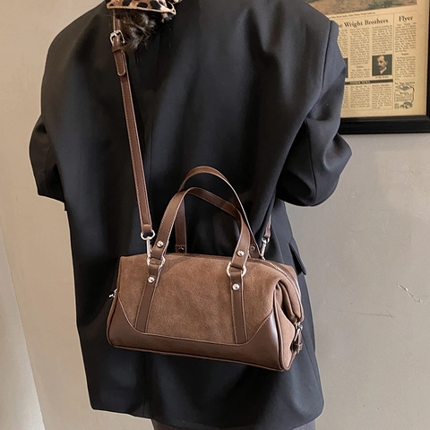 Bolso De Hombro Boston Para Mujer Gamuza Cuero PU Color Contraste Doble Asa Correa Ajustable Vintage Casual Bandolera Mano