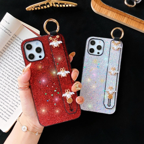 Custodia Per Telefono Di Lusso Con Glitter E Strass Con Cinturino In Ape Di Künstliche Perle E Supporto Per Anello TPU Elegante