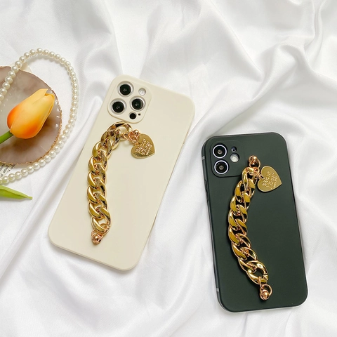 Luxury Phone Case With Metal Chain Handle Heart Charm TPU Silicone Protective Cover Chic Stylish Strap For Women