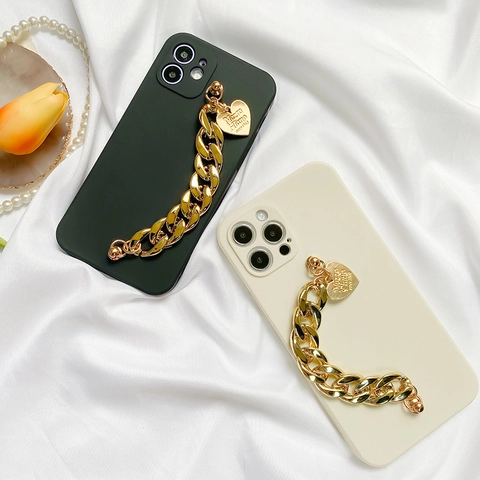 Luxury Phone Case With Metal Chain Handle Heart Charm TPU Silicone Protective Cover Chic Stylish Strap For Women