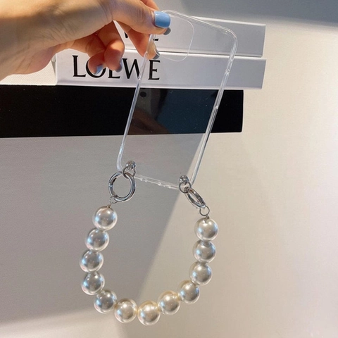 Luxus Transparente Handyhülle Mit Herzspiegel Ständer Rhinestone Rand Und Großer Faux Künstliche Perle Handgelenkkette Armband