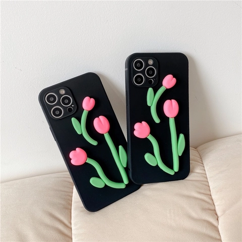 Custodia Per Telefono Tulipano 3D Nero Opaco Cover Protettiva Carino Design Floreale Fatto A Mano Antiurto Per Donne Ragazze