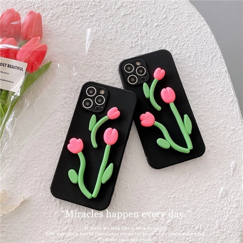 Custodia Per Telefono Tulipano 3D Nero Opaco Cover Protettiva Carino Design Floreale Fatto A Mano Antiurto Per Donne Ragazze