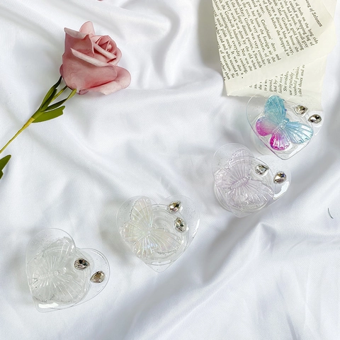 Heart Shaped Butterfly Phone Grip Transparent Resin Rhinestone Glitter Practical Expanding Stand For Mobile Phones
