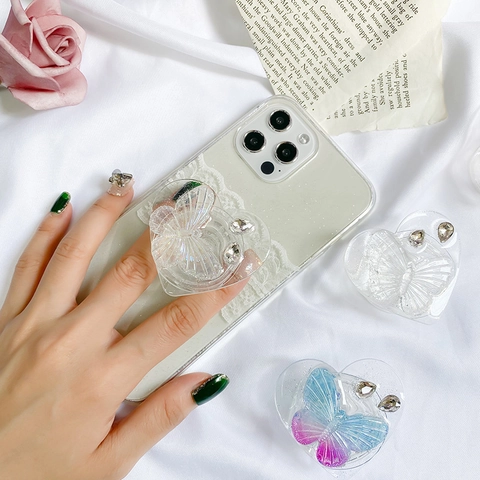 Heart Shaped Butterfly Phone Grip Transparent Resin Rhinestone Glitter Practical Expanding Stand For Mobile Phones