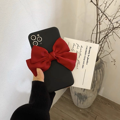 Handmade Large Satin Bow Phone Case Matte TPU Protective Cover Elegant Minimalist Luxury Style Women