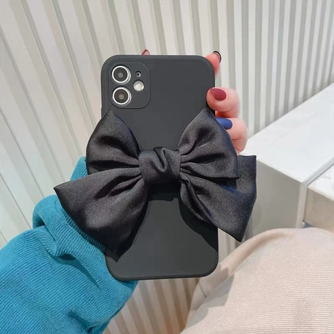 Handmade Large Satin Bow Phone Case Matte TPU Protective Cover Elegant Minimalist Luxury Style Women