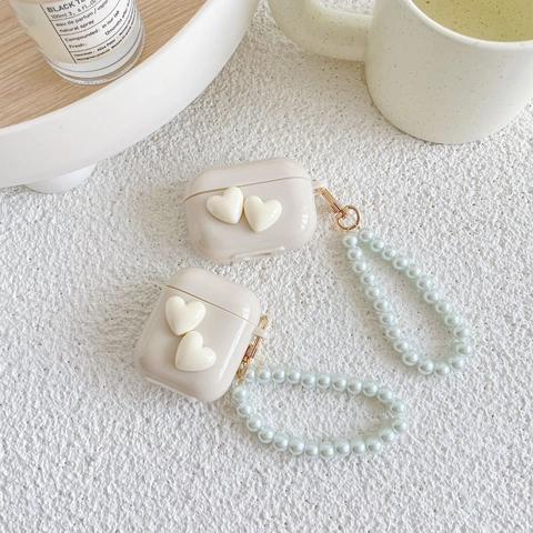 Creamy White TPU Earphone Case With Faux Artificial Pearl Wrist Strap And Double Heart Decoration Protective Shell Glossy Minimalist Accessory