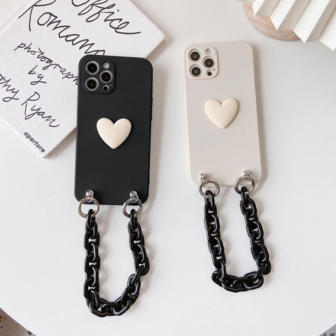 Iphone Case 3D Heart Decor Black Acrylic Chain Tpu Silicone Protective Cover For Women Ins Style Fashion Shockproof